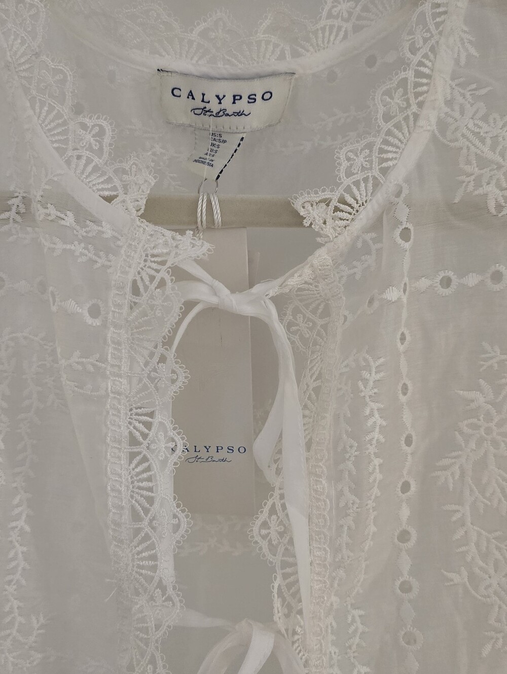 Calypso St. Barth White Eyelet Tie-Front Sleeveless Embroidered Blouse Msrp $245 - Picture 6 of 9